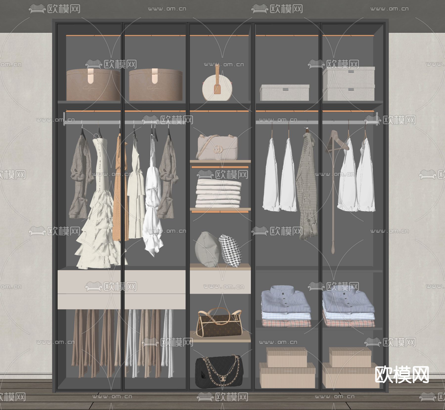 现代玻璃衣柜 衣服 包包su模型下载（渲染图2）