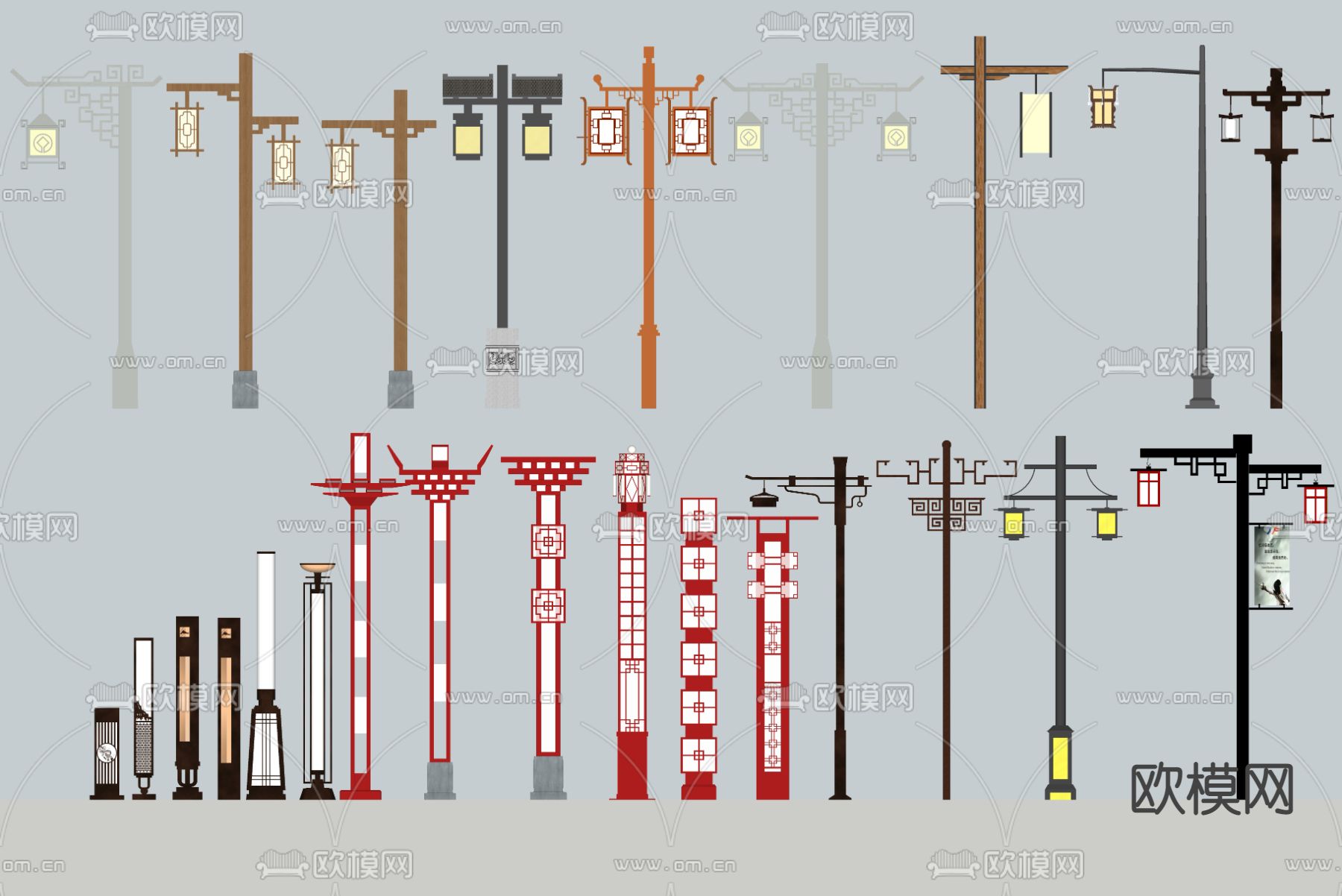 新中式灯柱 路灯 庭院灯su模型