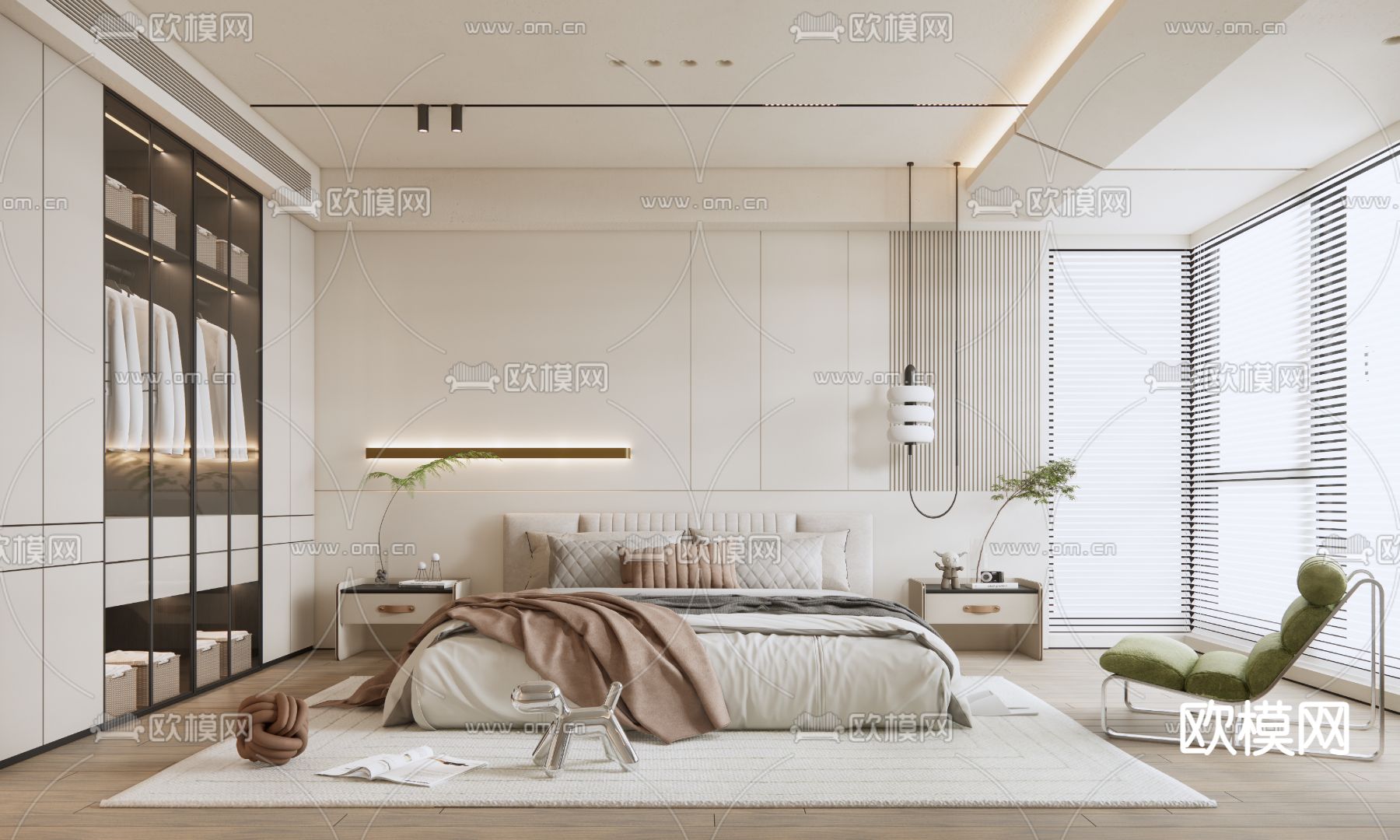 奶油风卧室su模型下载（渲染图1）