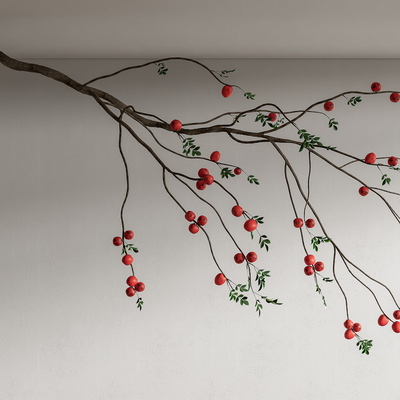 新中式石榴树枝雕塑 植物雕塑su模型