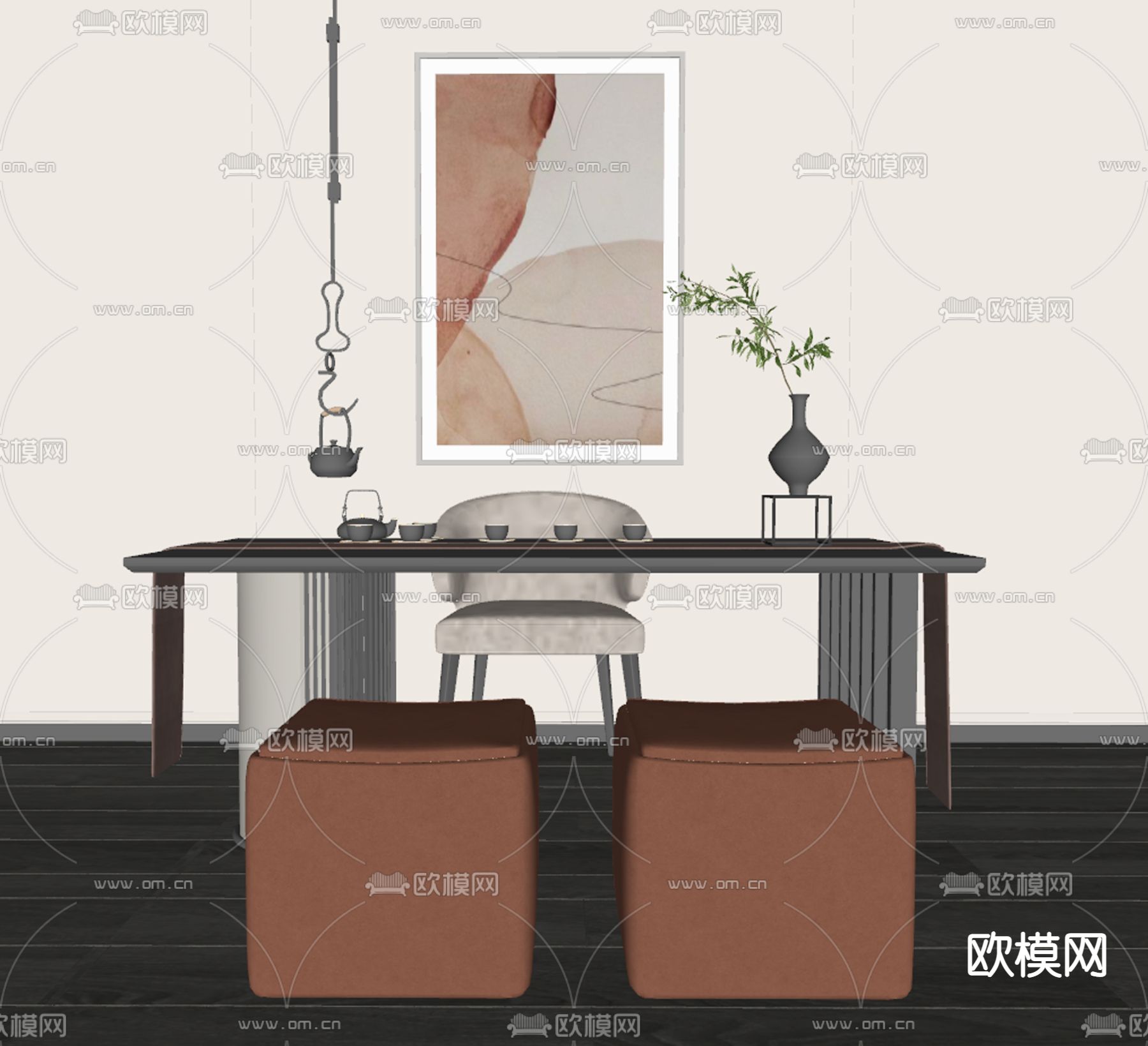 新中式茶桌椅su模型下载（渲染图2）