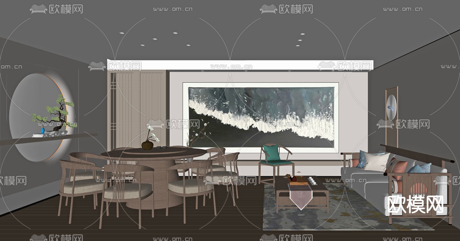 新中式餐厅包厢su模型下载（渲染图2）