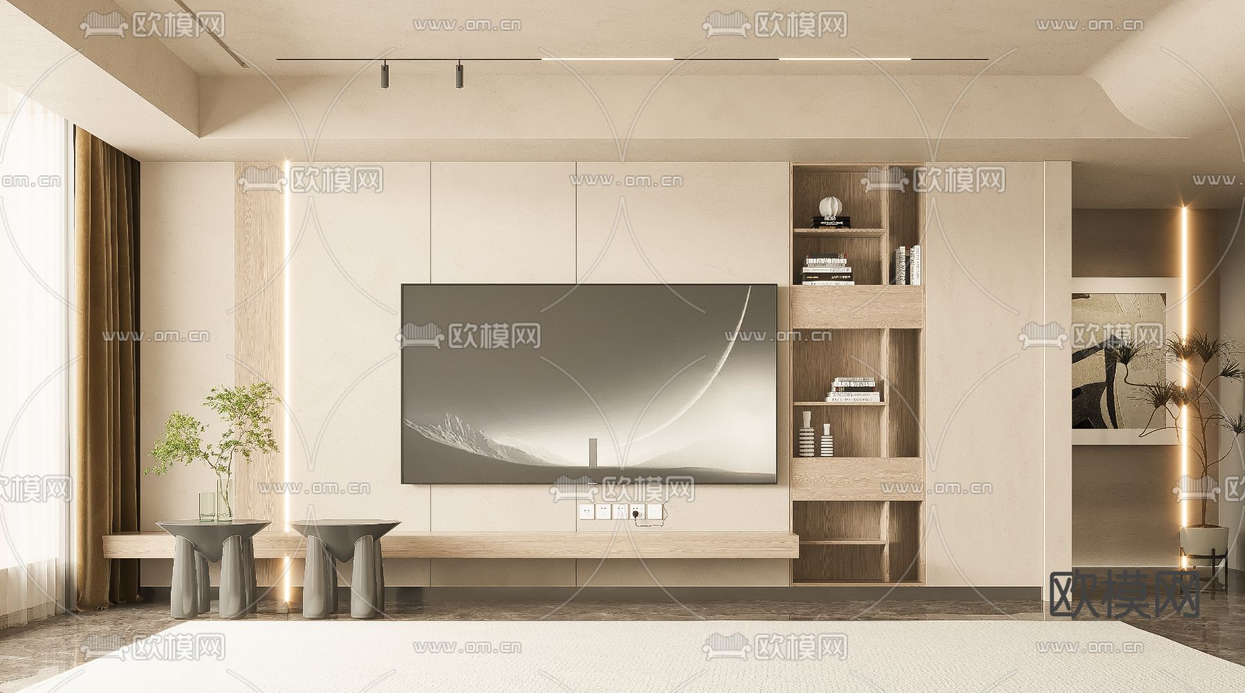 奶油风电视背景墙3d模型下载