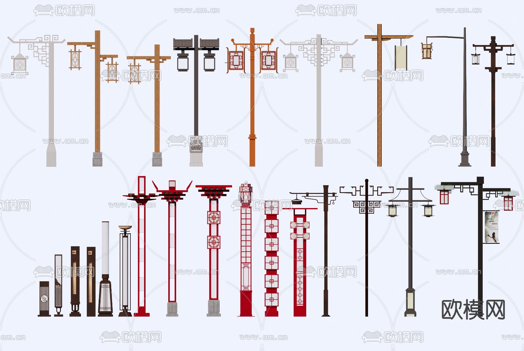 新中式灯柱 路灯 庭院灯su模型
