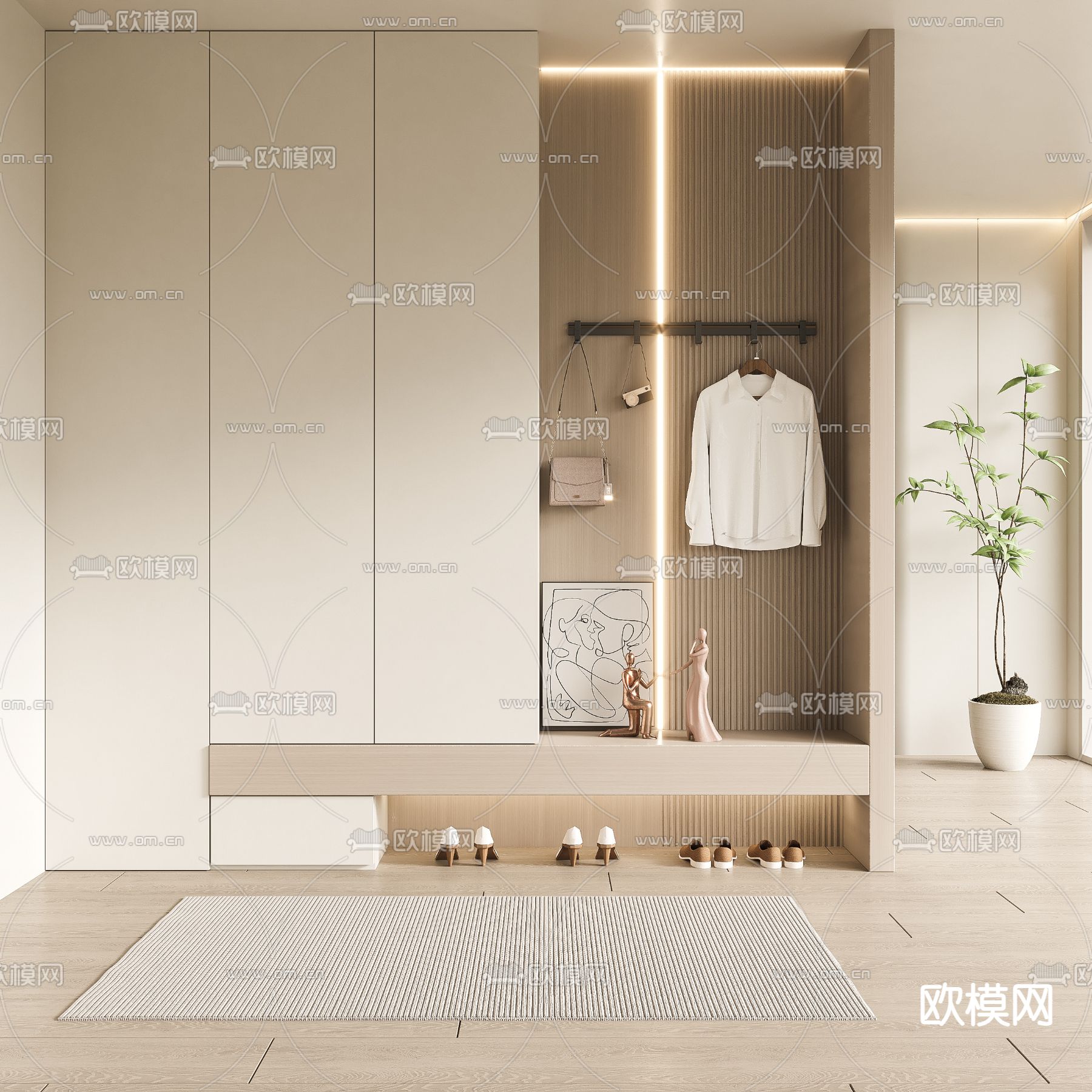 奶油风玄关过道 门厅3d模型下载_ID13023888_3dmax免费模型-欧模网