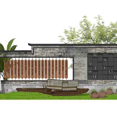 新中式民俗文化景墙su模型