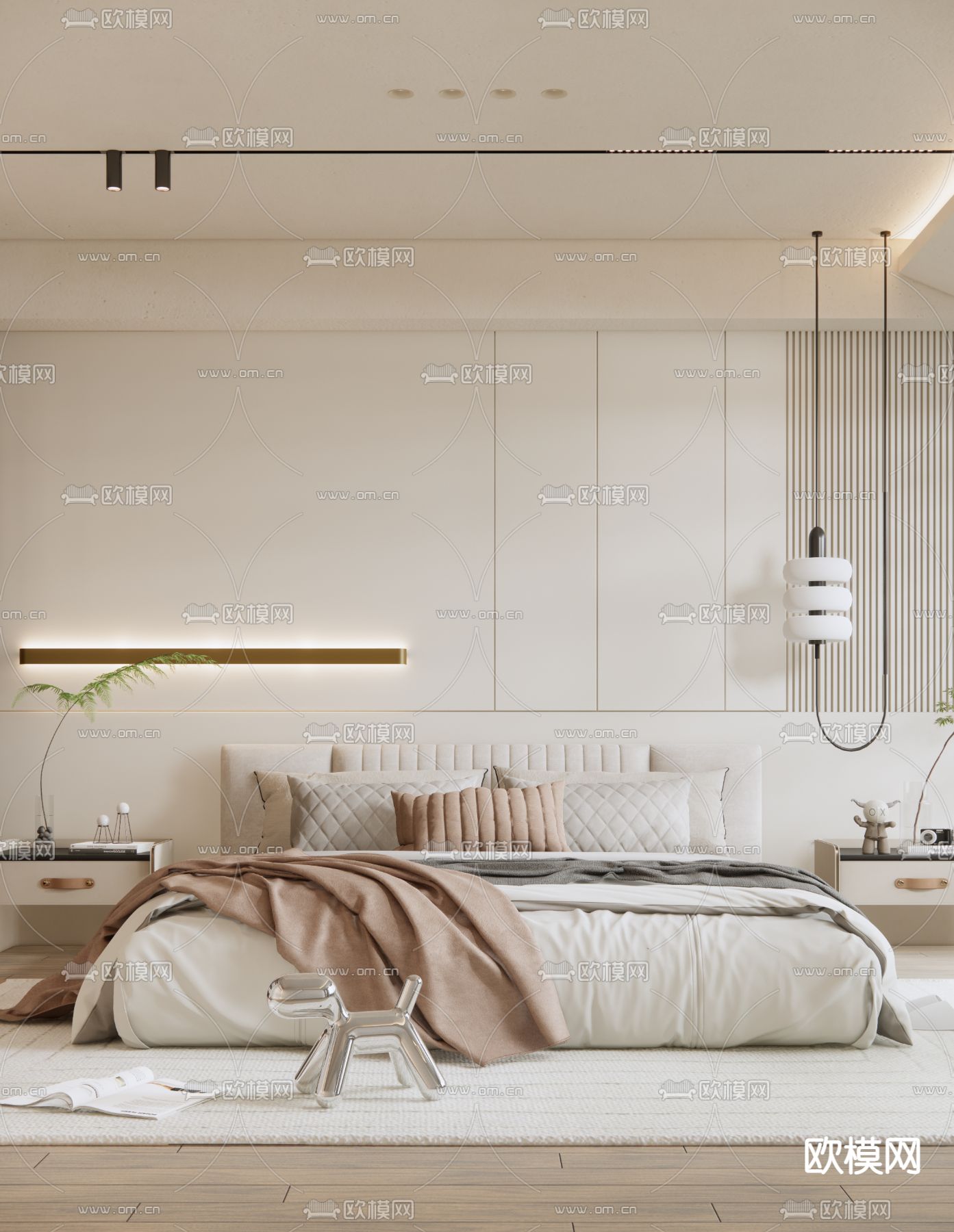 奶油风卧室su模型下载（渲染图5）