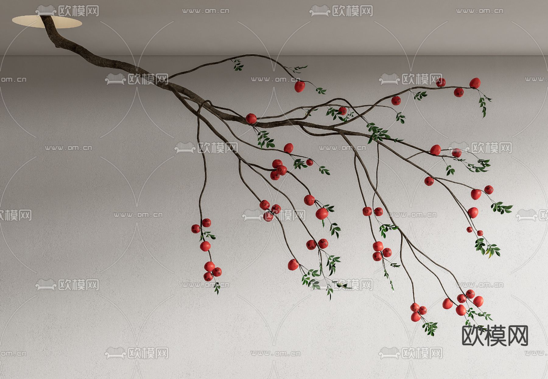 新中式石榴树枝雕塑 植物雕塑su模型