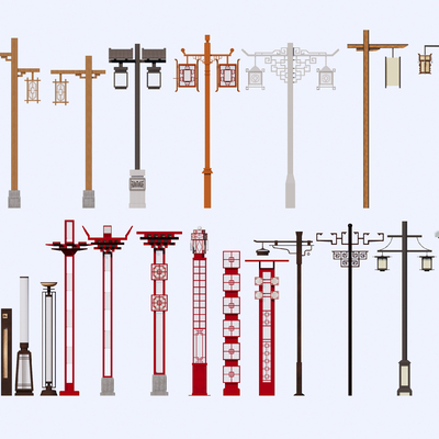 新中式灯柱 路灯 庭院灯su模型