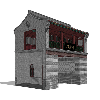  中式城门楼su模型 