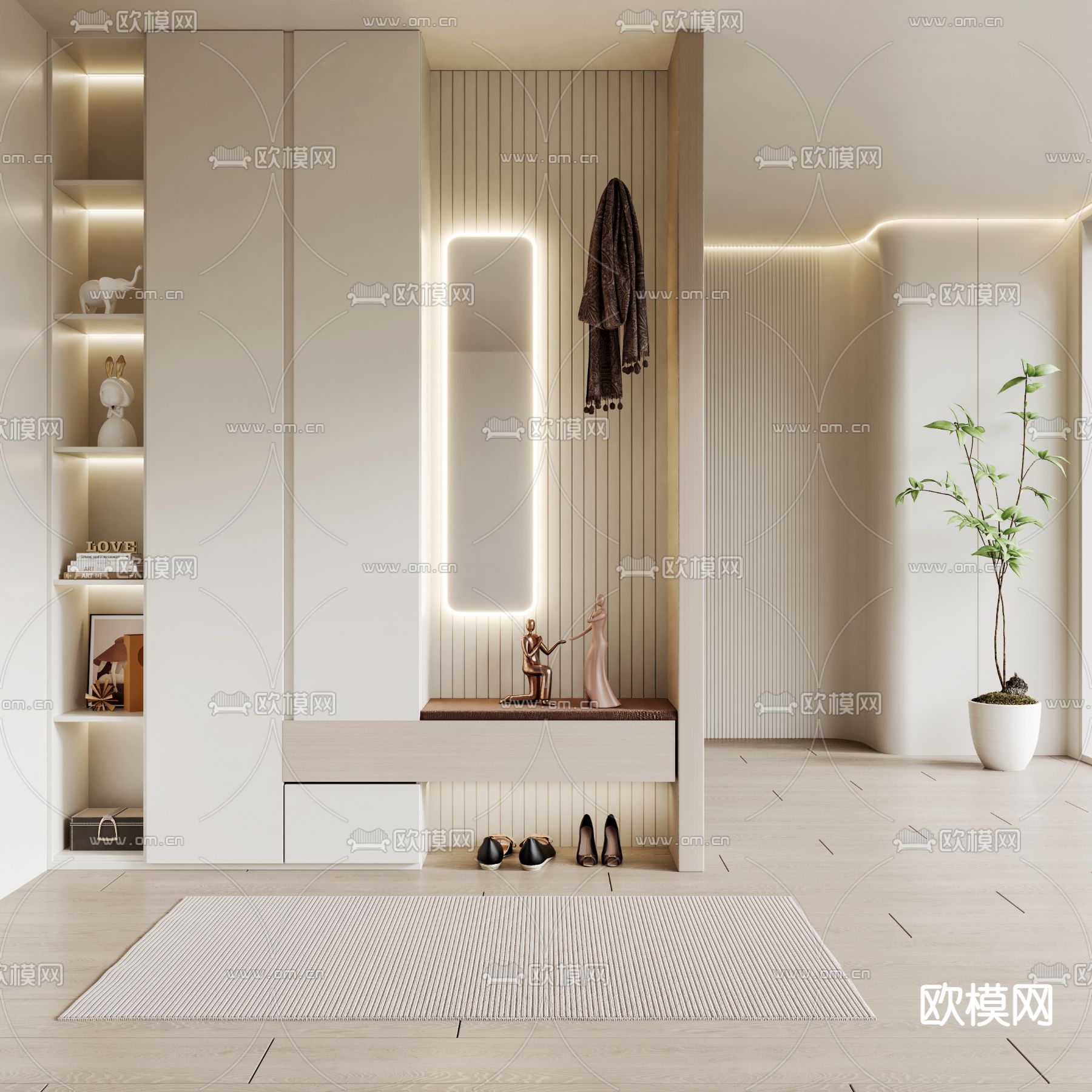 奶油风玄关过道 门厅3d模型下载_ID13023887_3dmax免费模型-欧模网