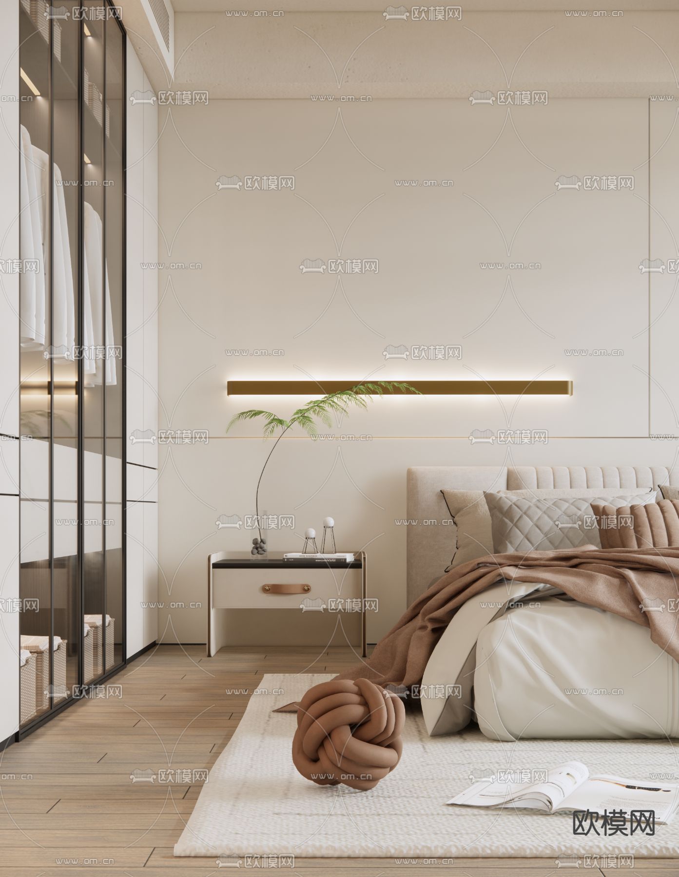 奶油风卧室su模型下载（渲染图3）