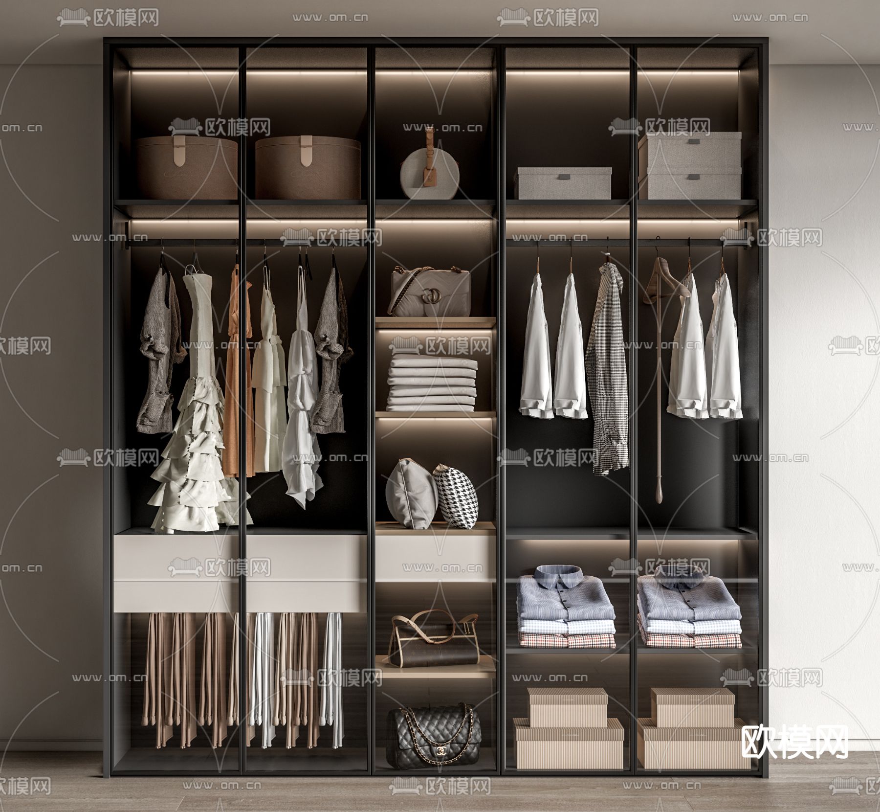 现代玻璃衣柜 衣服 包包su模型下载（渲染图1）