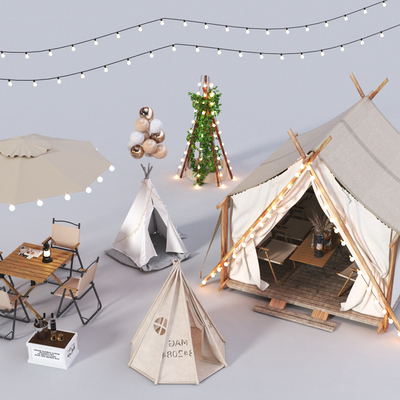  现代露营帐篷 户外桌椅su模型 