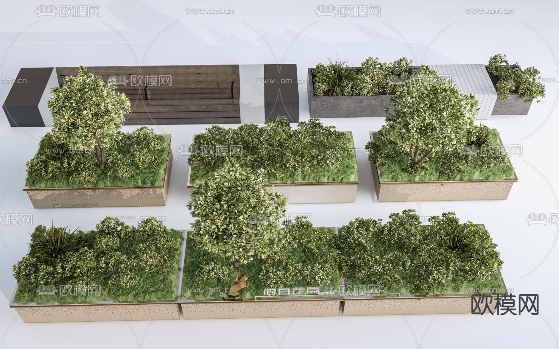 现代花箱 花池 景观座椅su模型下载（渲染图1）