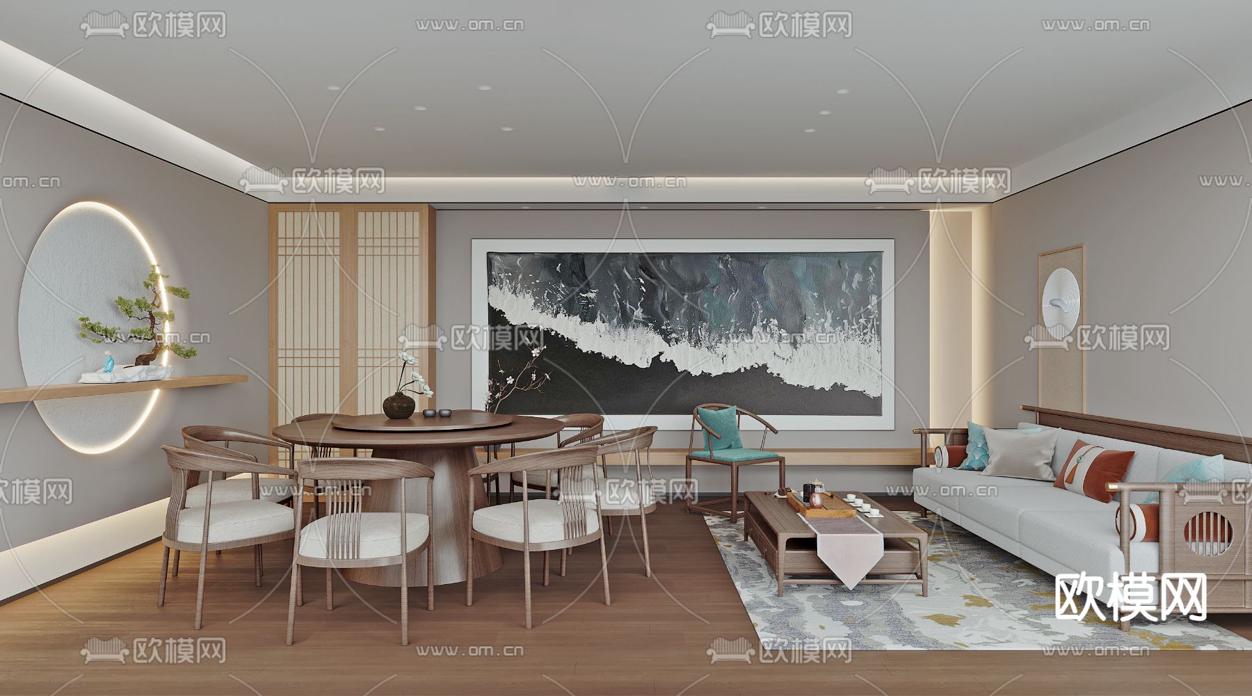 新中式餐厅包厢su模型下载（渲染图1）