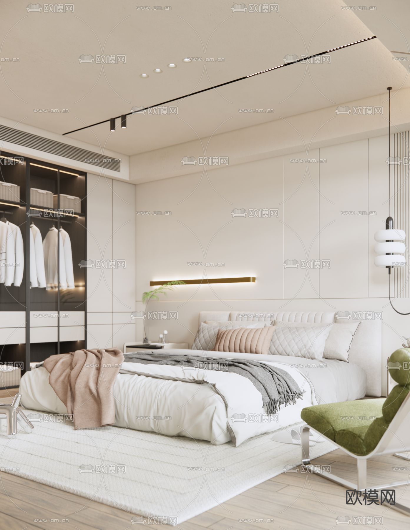 奶油风卧室su模型下载（渲染图2）