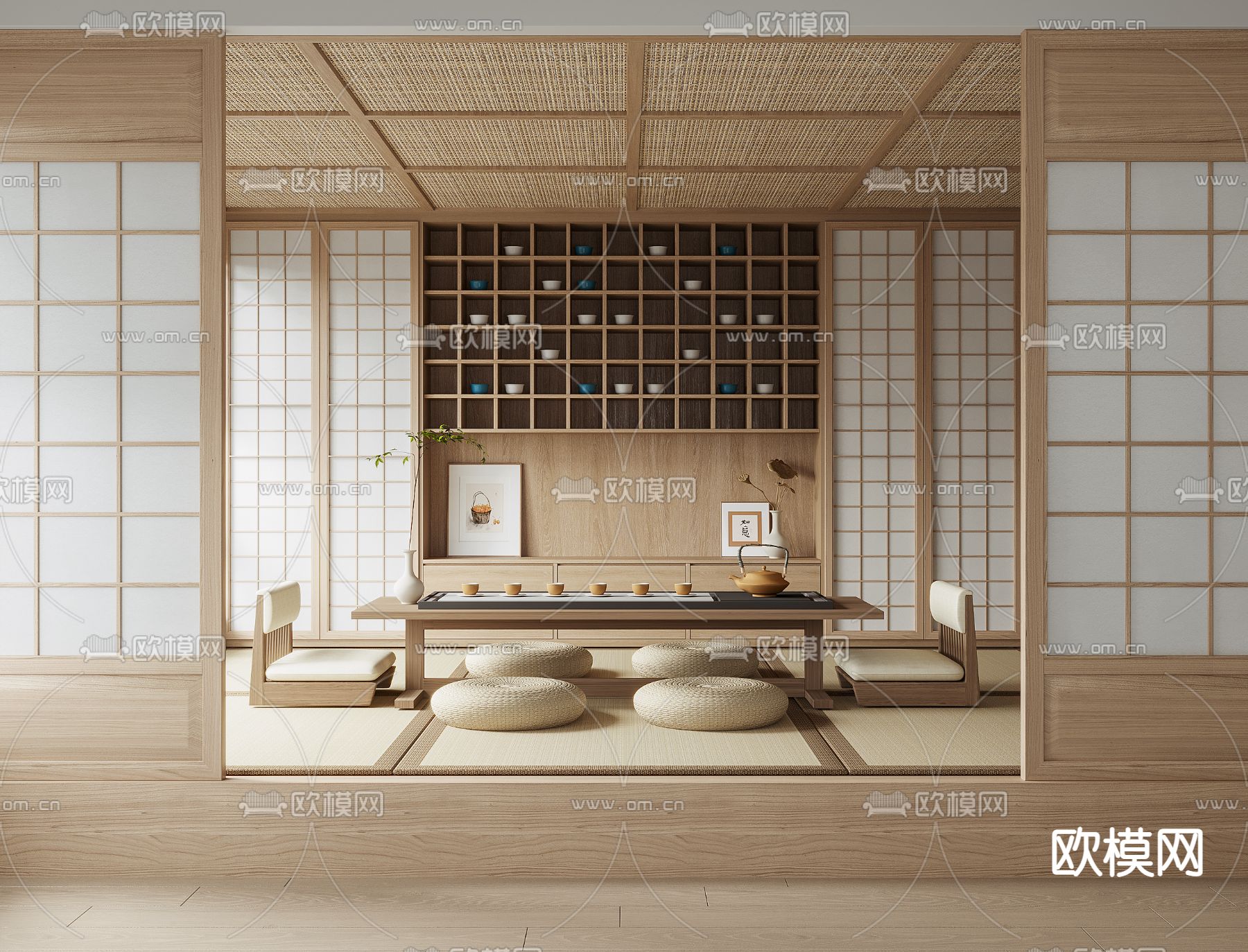 日式榻榻米茶室su模型下载（渲染图1）