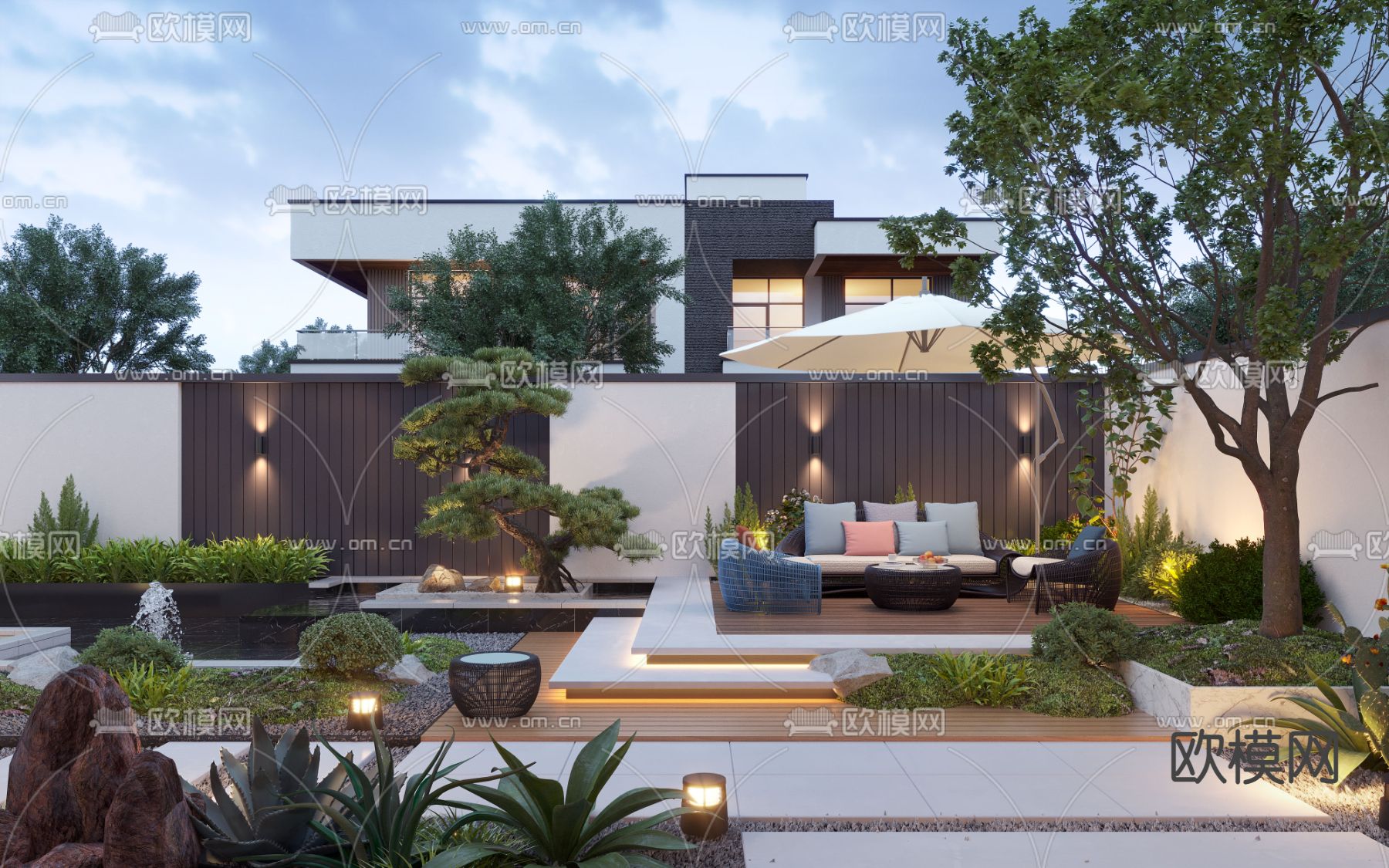 后花园 别墅庭院夜景3d模型下载（渲染图2）