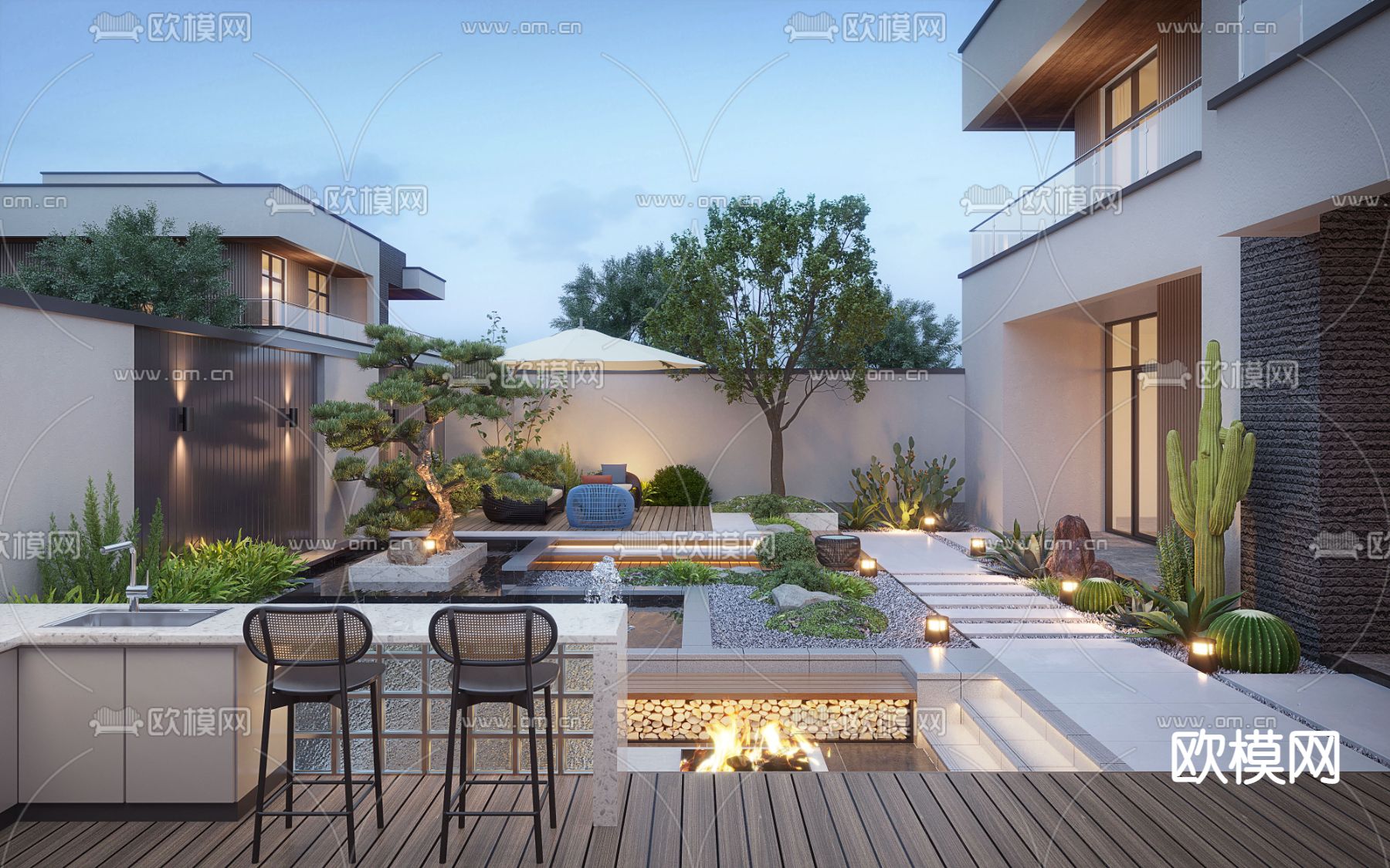 后花园 别墅庭院夜景3d模型下载（渲染图1）