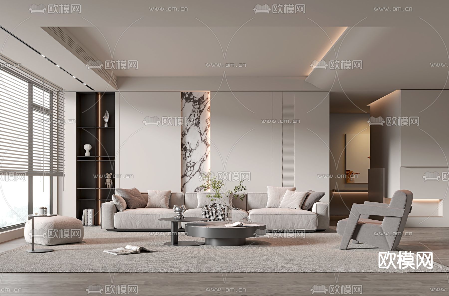 奶油风客厅3d模型下载