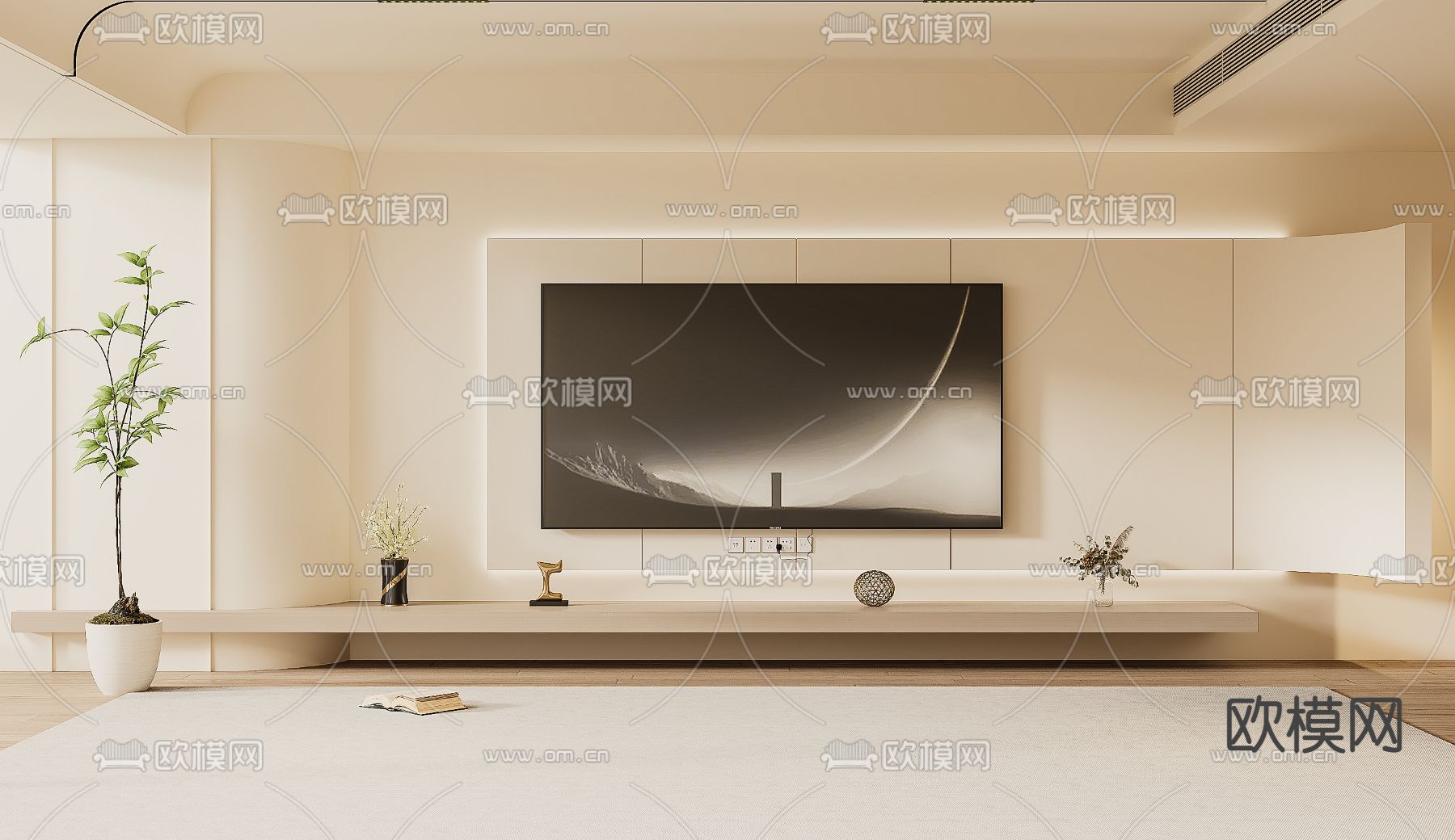 奶油风电视背景墙3d模型下载