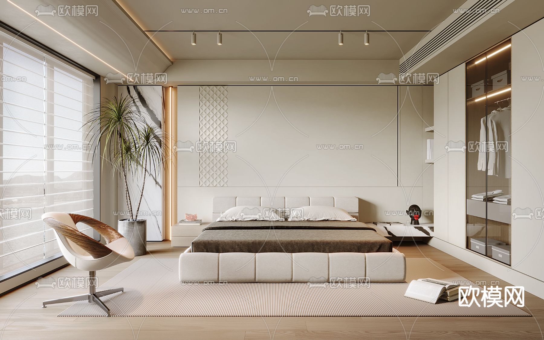 奶油风卧室 主人房 主卧3d模型下载（渲染图1）