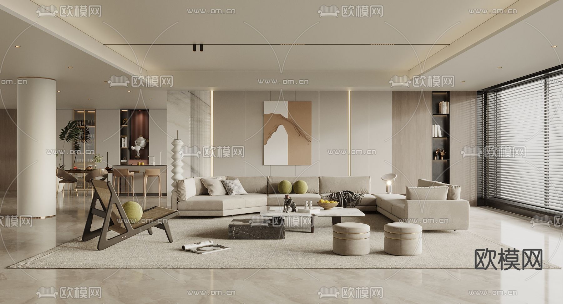 奶油风客厅 餐厅3d模型下载_ID13025471_3dmax免费模型-欧模网