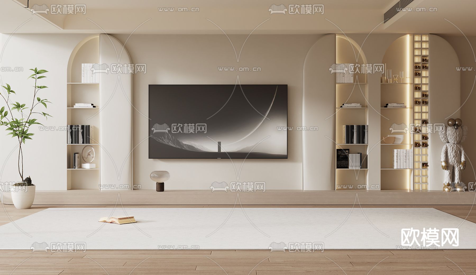 奶油风电视背景墙3d模型下载