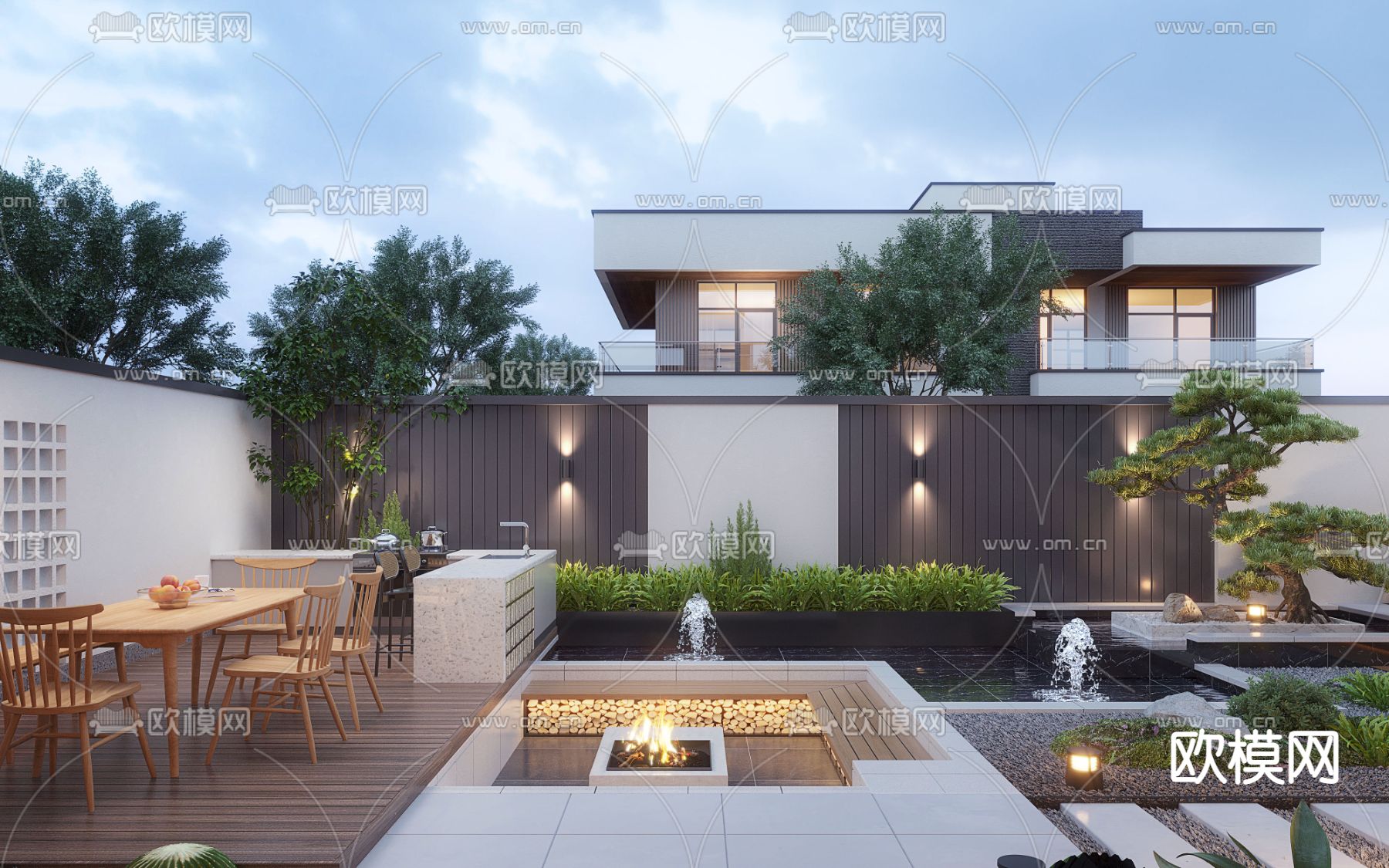 后花园 别墅庭院夜景3d模型下载（渲染图4）