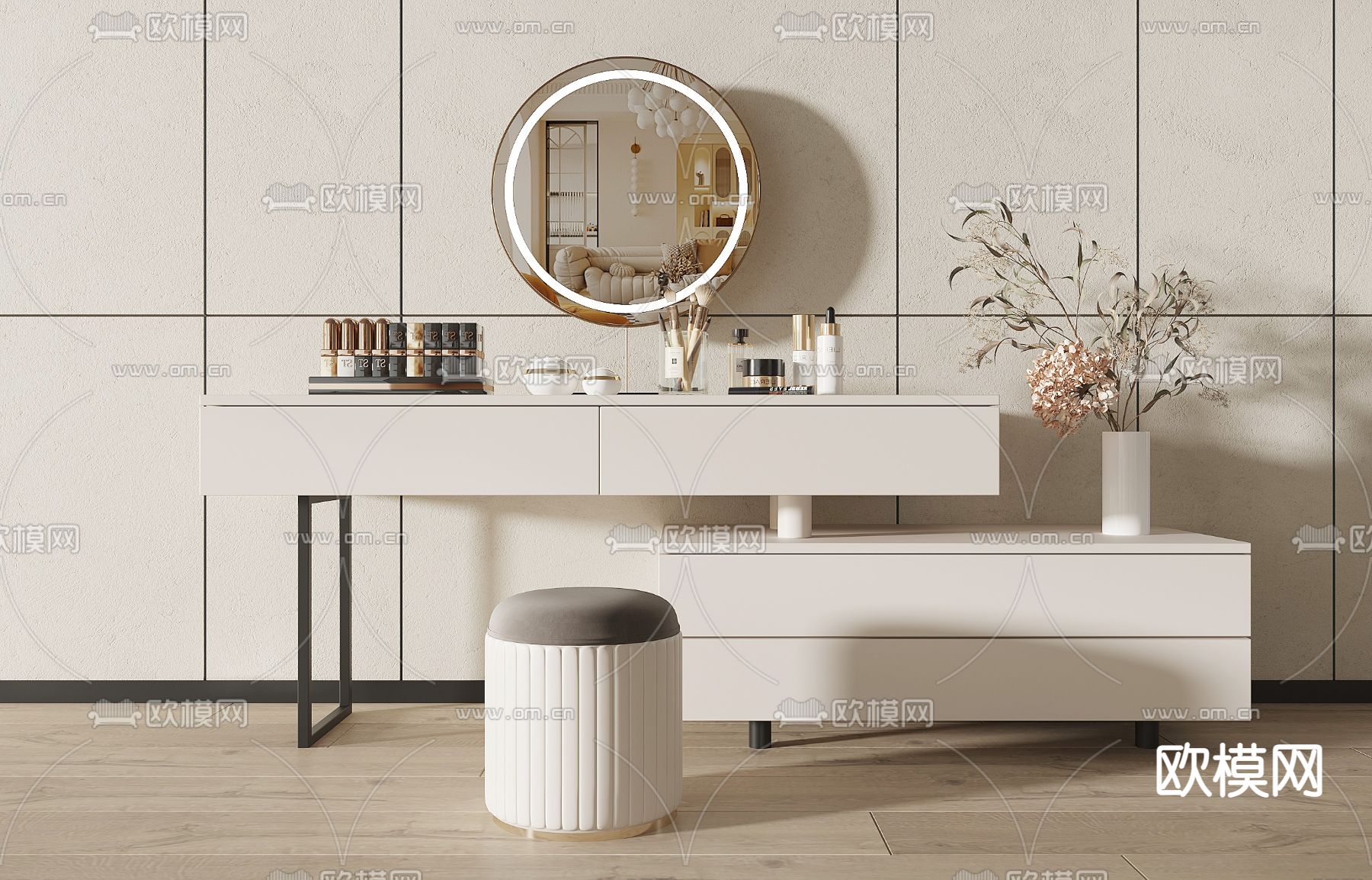 奶油风梳妆台 化妆台3d模型下载