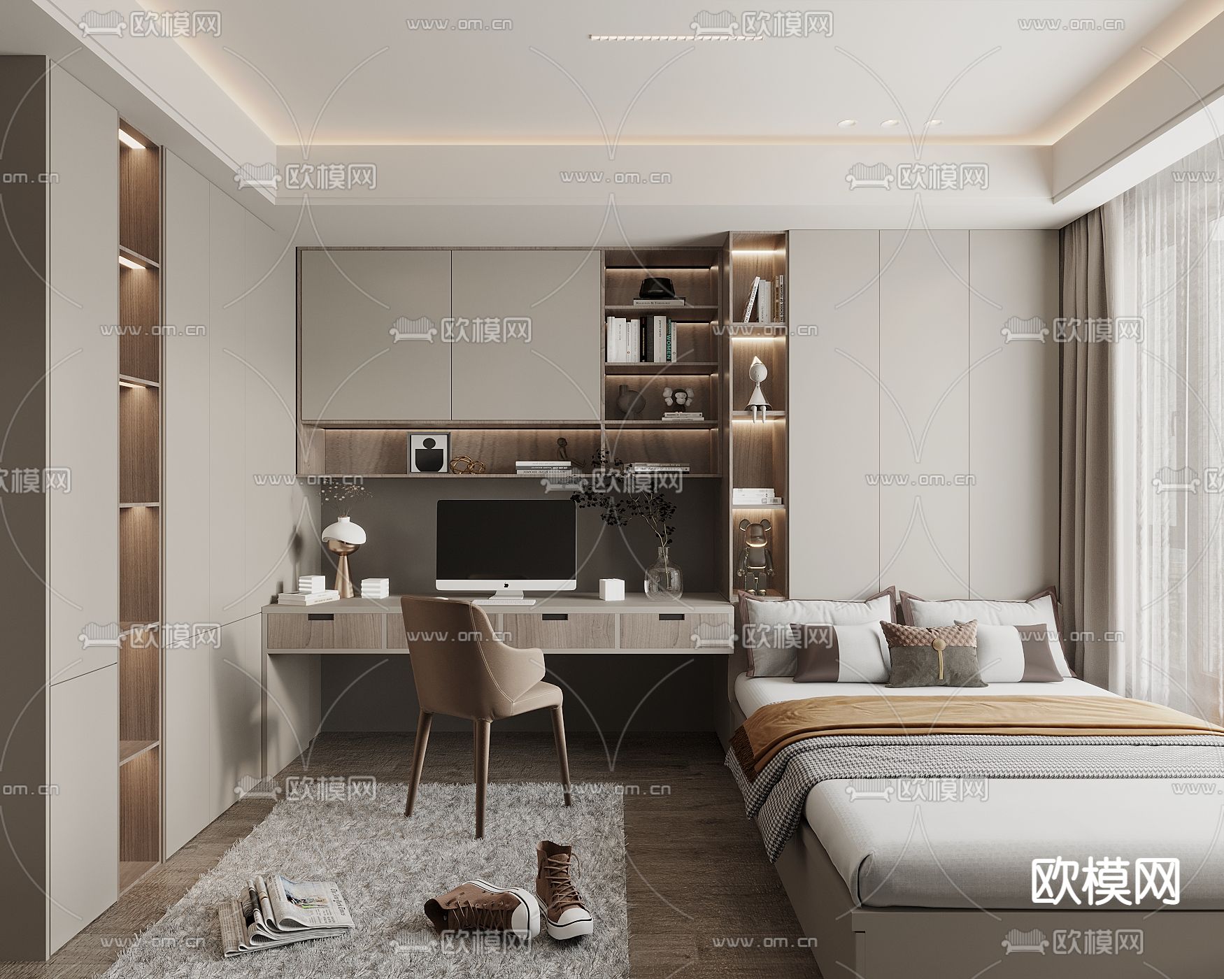 奶油风榻榻米卧室3d模型下载