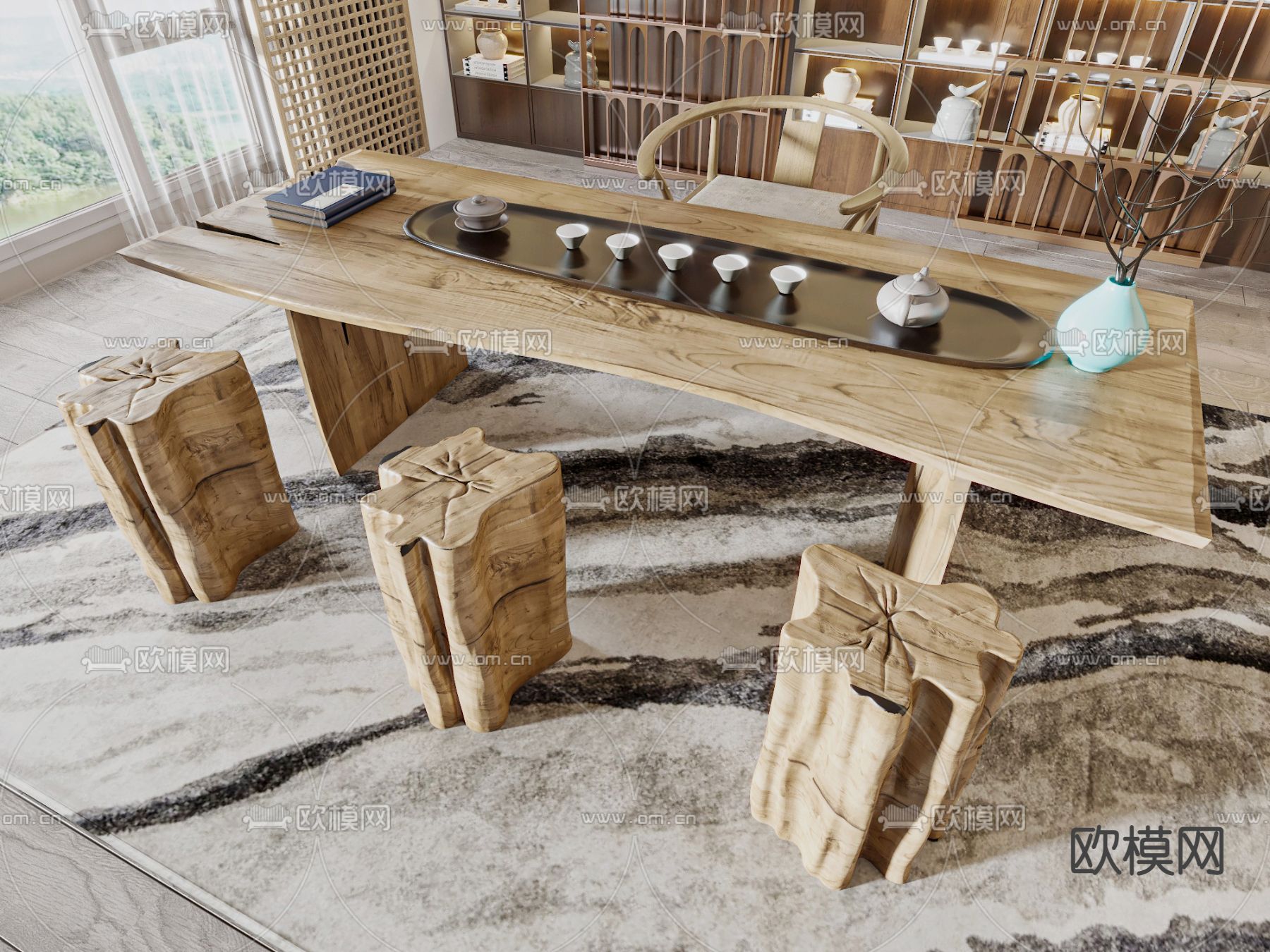 新中式茶桌椅3d模型下载