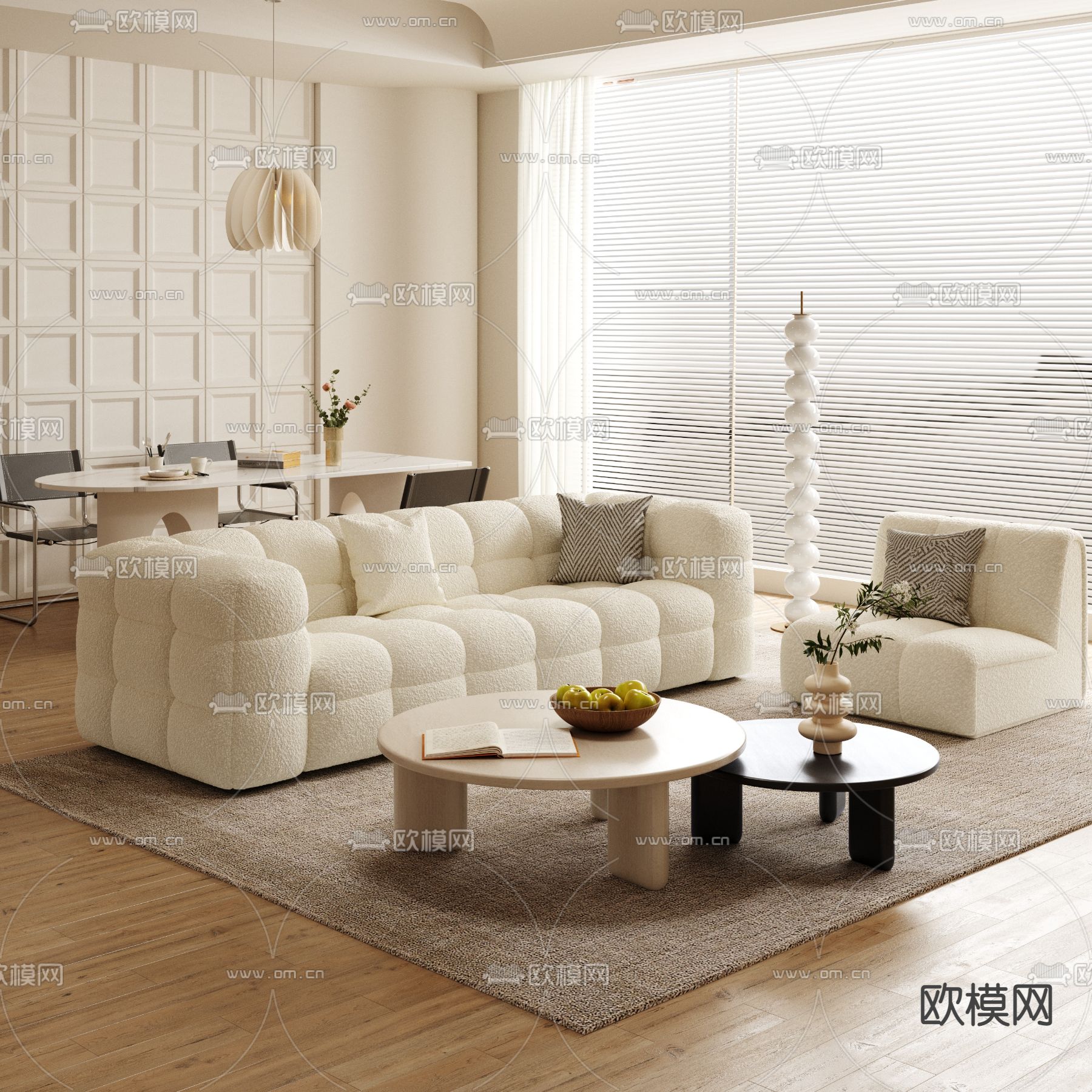 奶油风组合沙发3d模型下载_ID13026905_3dmax免费模型-欧模网