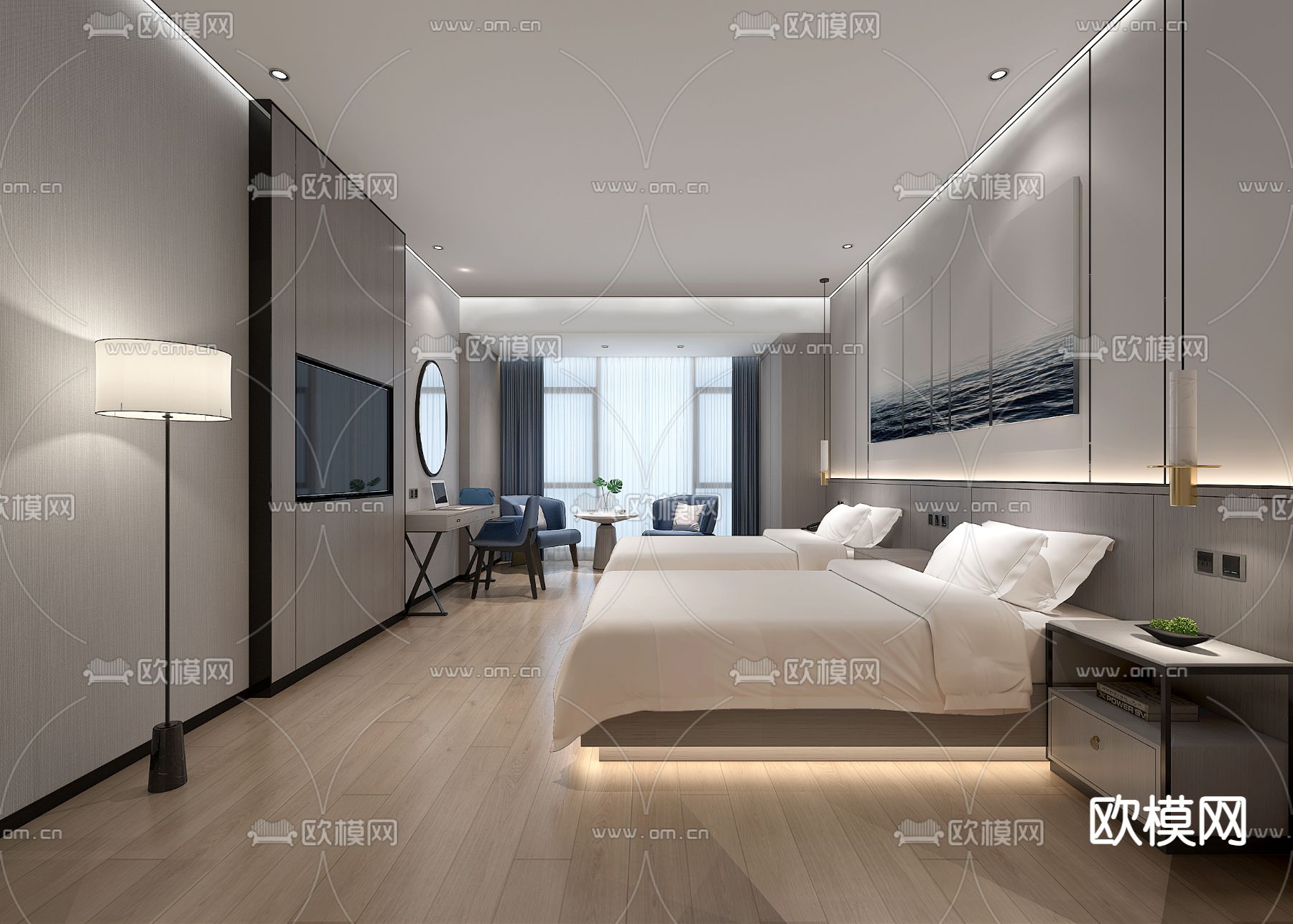 酒店客房 双床房3d模型下载_ID13021184_3dmax免费模型-欧模网