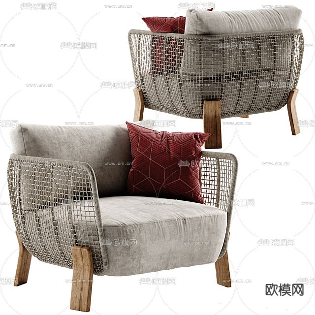 北欧简约实木布艺单人沙发免费3d模型下载