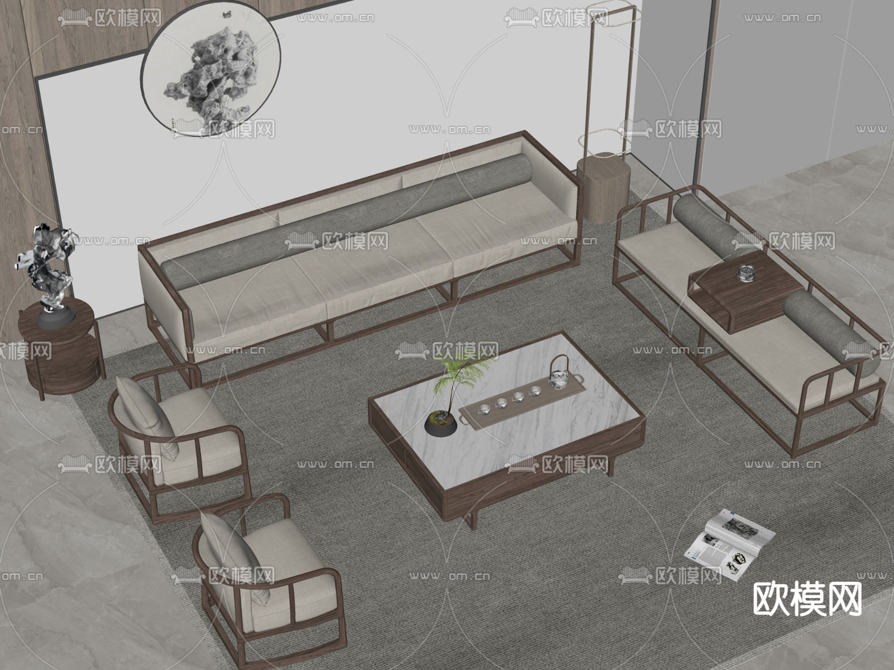 新中式沙发茶几组合su模型下载（渲染图2）