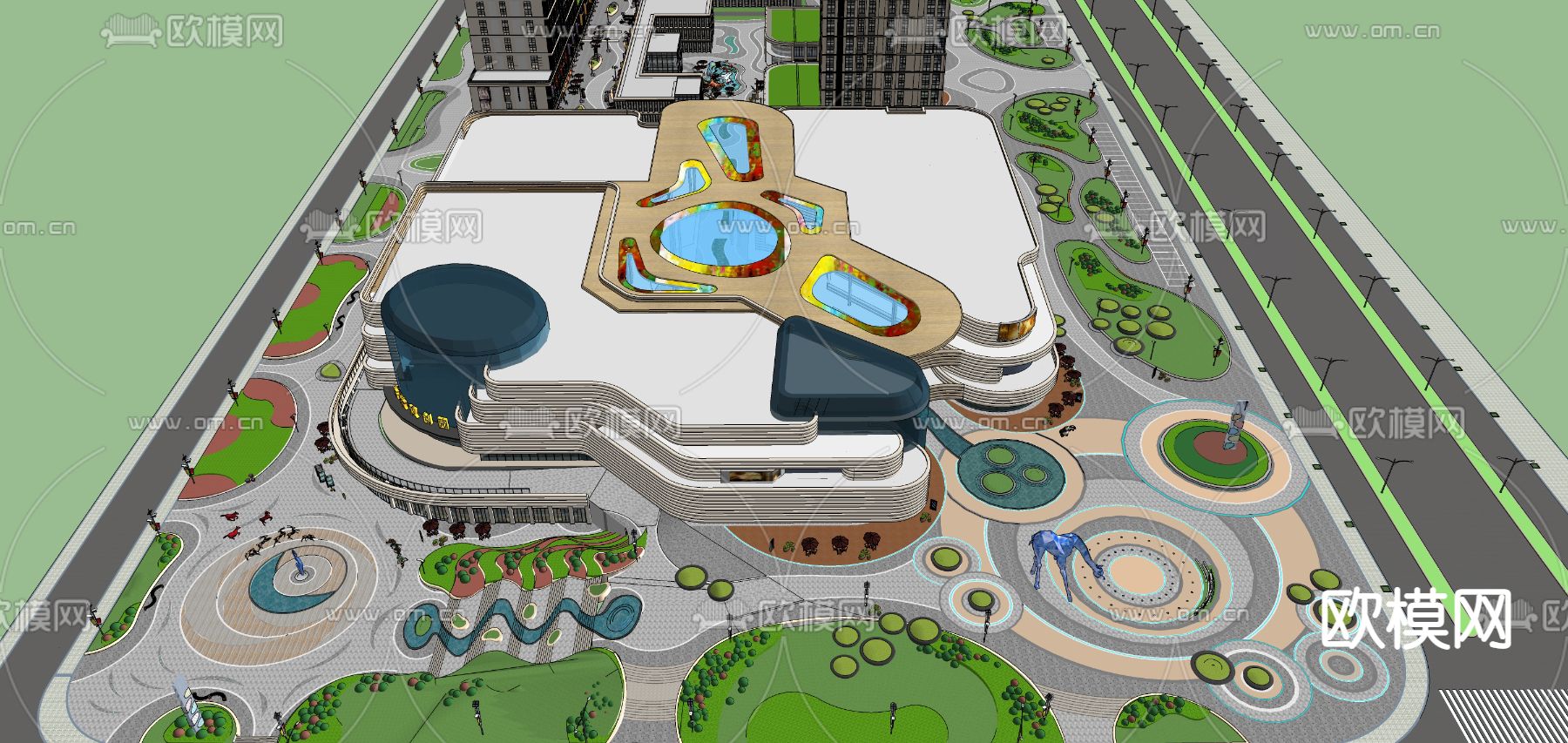 现代商业景观广场鸟瞰su模型下载（渲染图3）