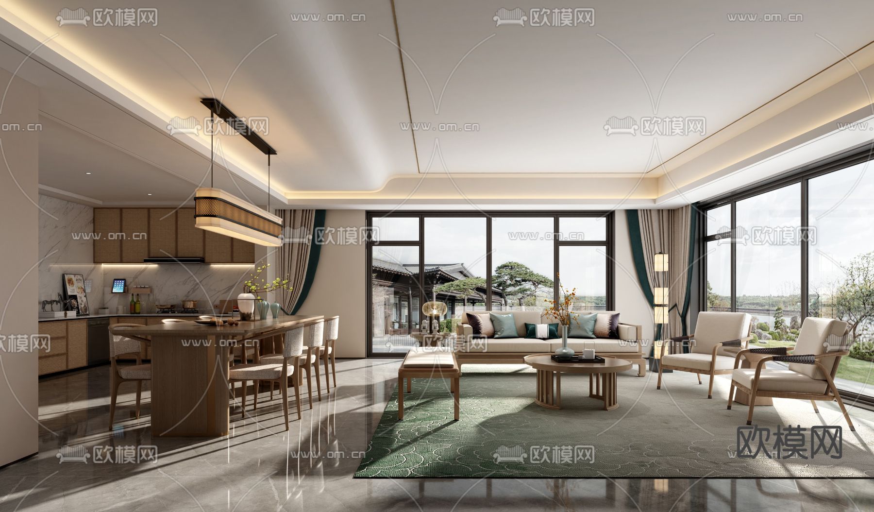 新中式客餐厅su模型下载（渲染图1）