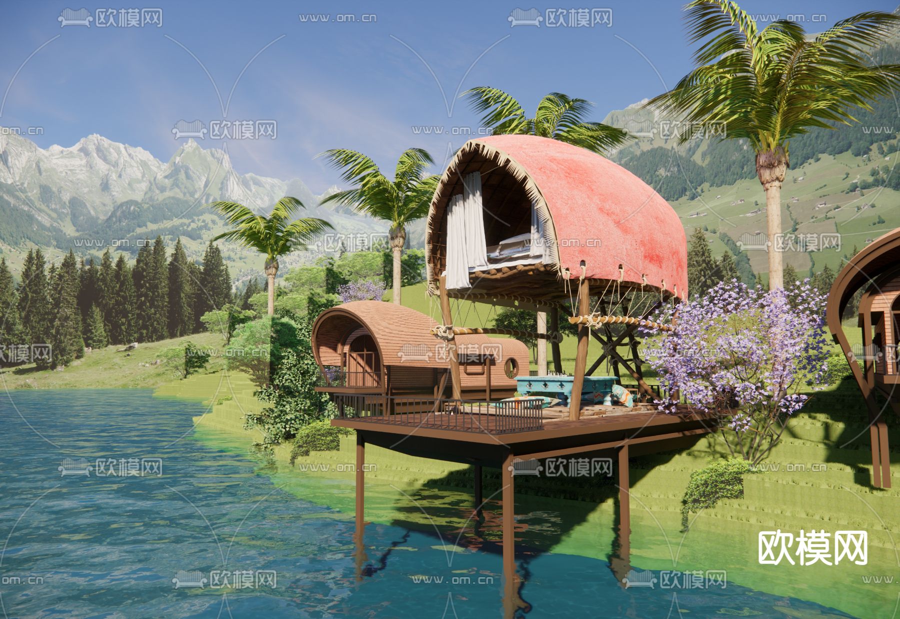 东南亚滨水船形屋 民宿外观su模型下载（渲染图1）