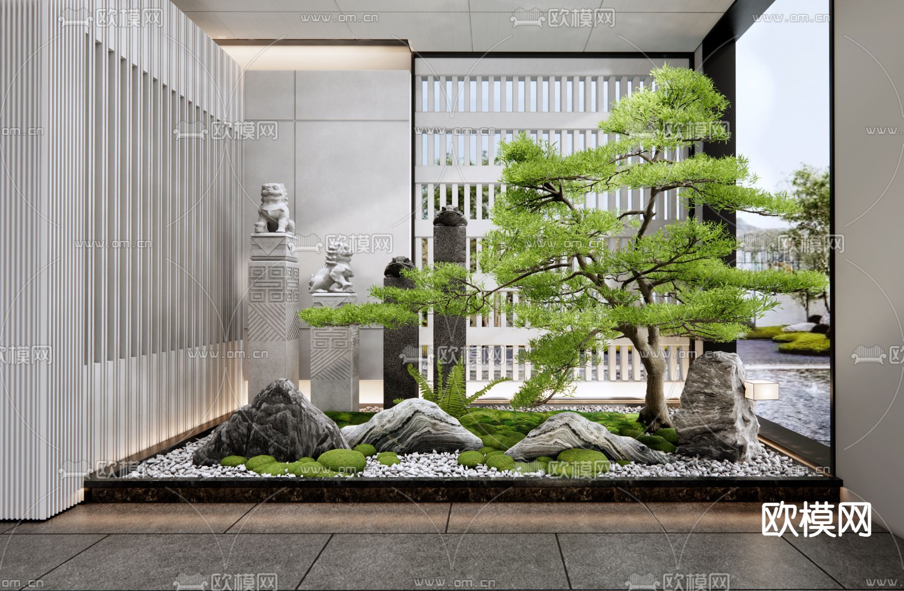 新中式室内景观造景 植物堆su模型下载（渲染图1）