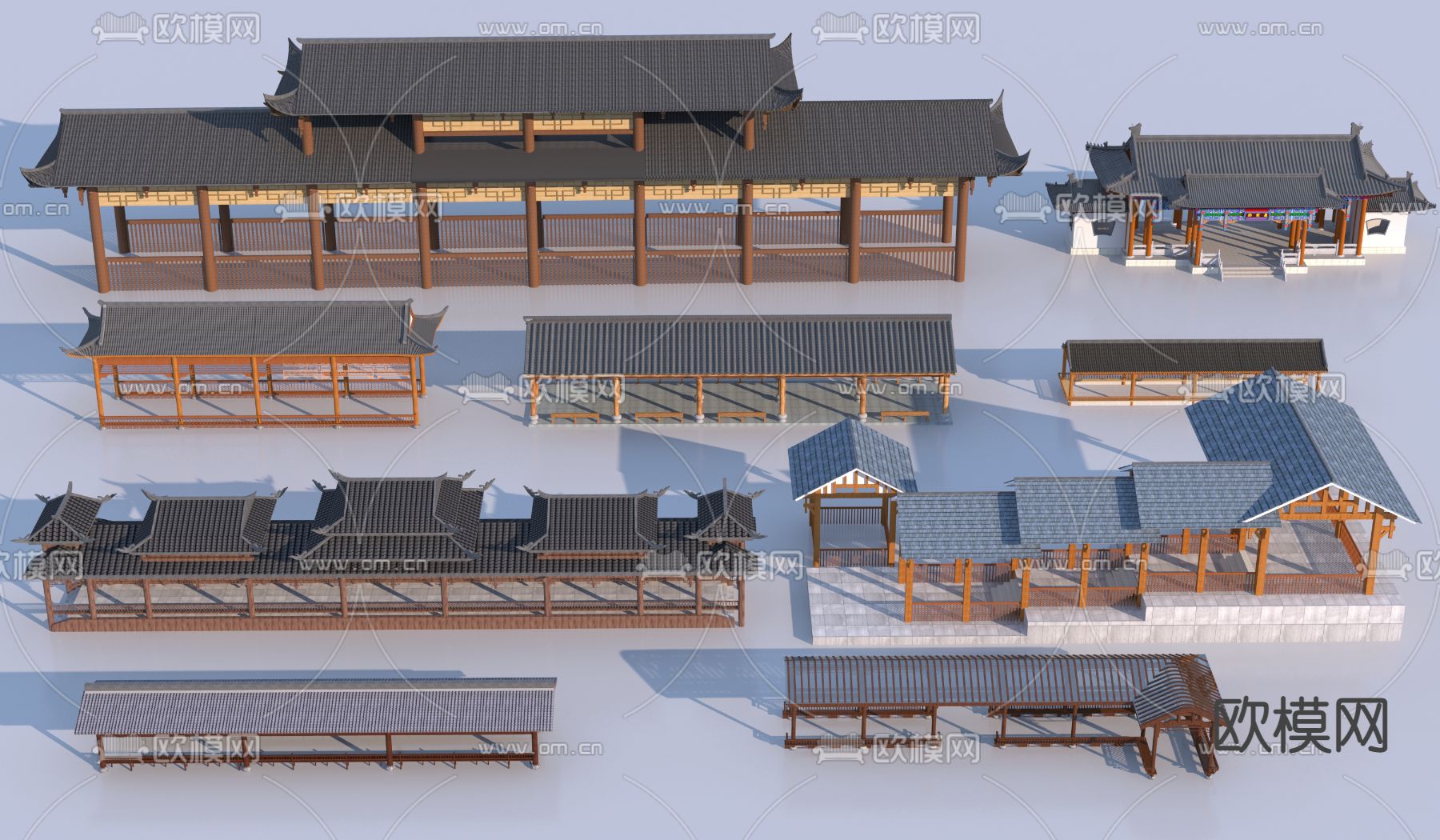 中式廊架 长廊亭子3d模型下载_ID13025977_3dmax免费模型-欧模网