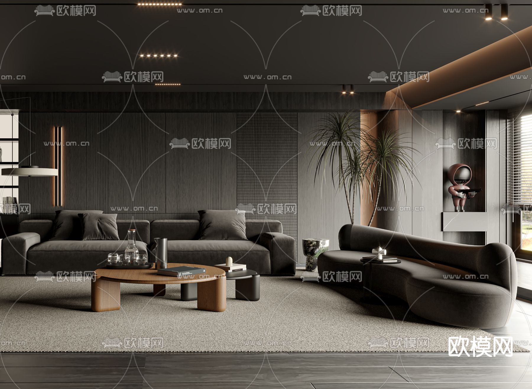 暗黑风客厅3d模型下载（渲染图2）