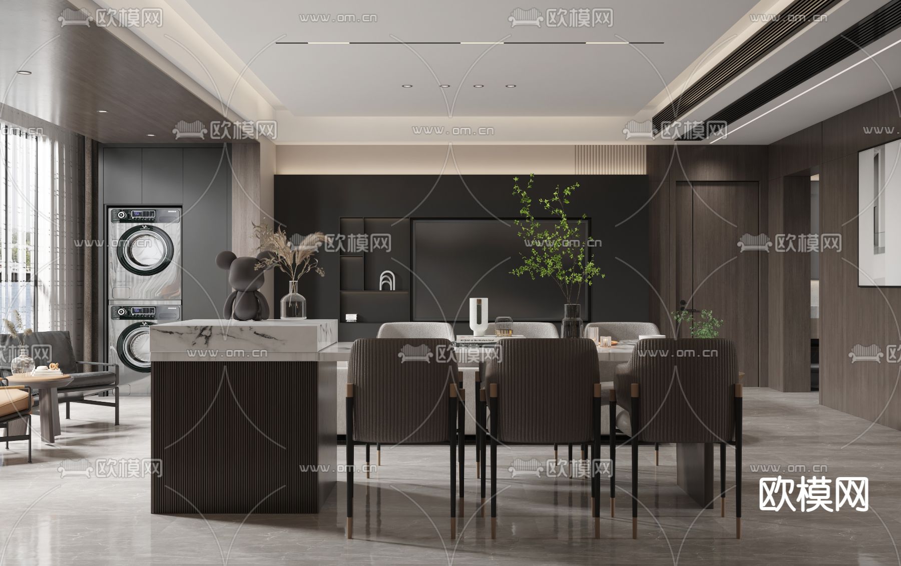 暗黑风客厅餐厅3d模型下载（渲染图2）