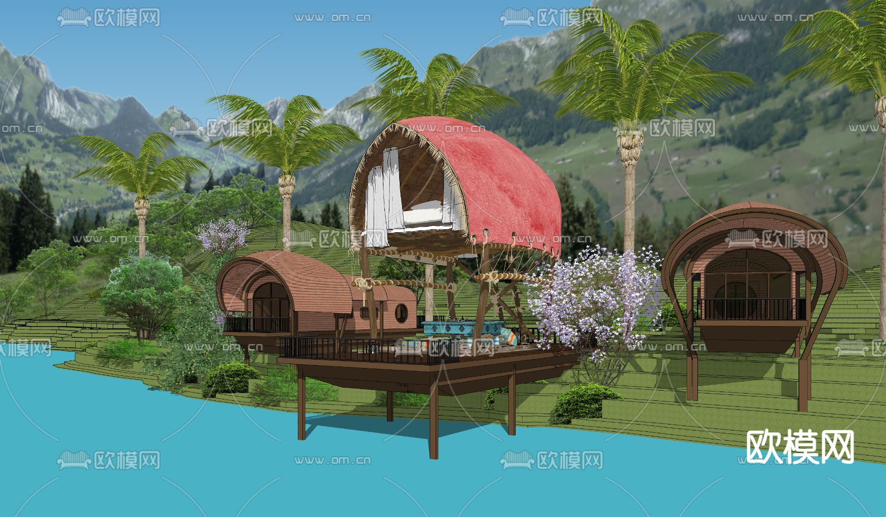 东南亚滨水船形屋 民宿外观su模型下载（渲染图3）