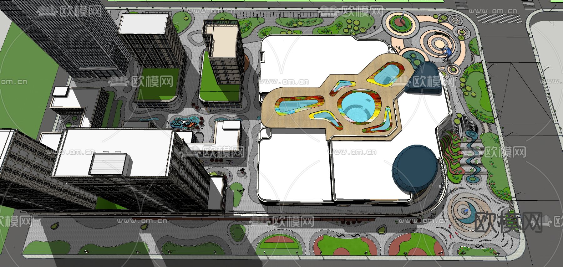 现代商业景观广场鸟瞰su模型下载（渲染图2）