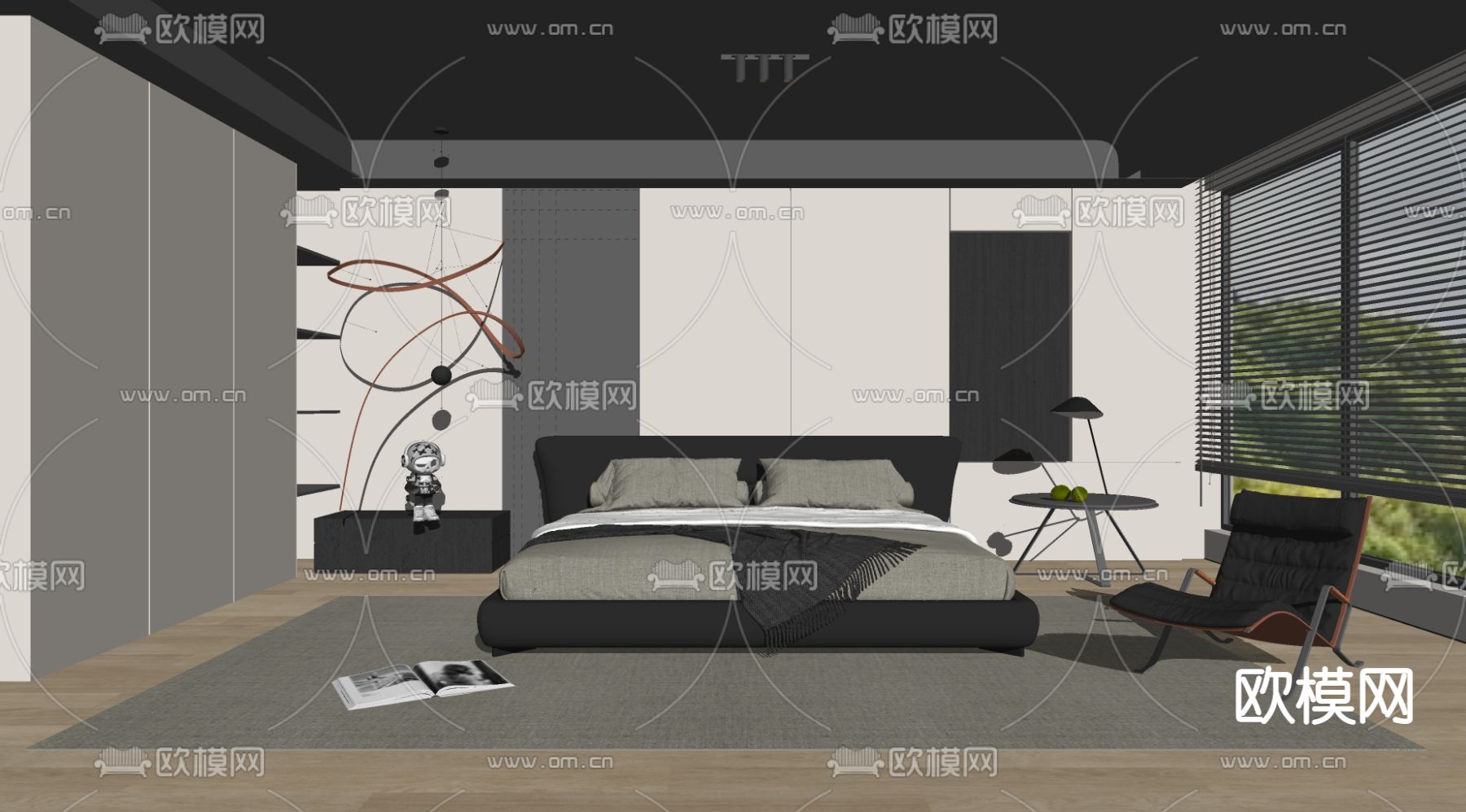 高级灰卧室su模型下载（渲染图2）