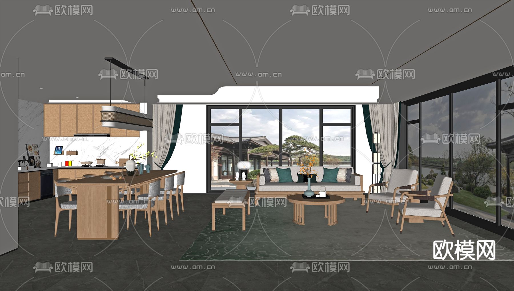 新中式客餐厅su模型下载（渲染图2）