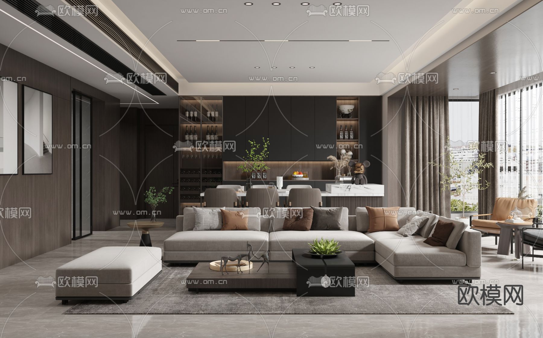 暗黑风客厅餐厅3d模型下载（渲染图1）