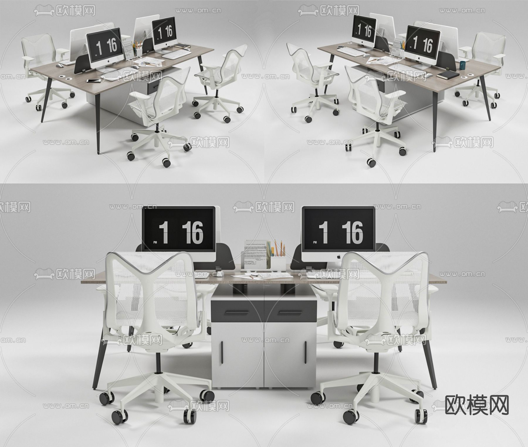 现代公共办公桌椅 屏风卡位su模型下载（渲染图1）